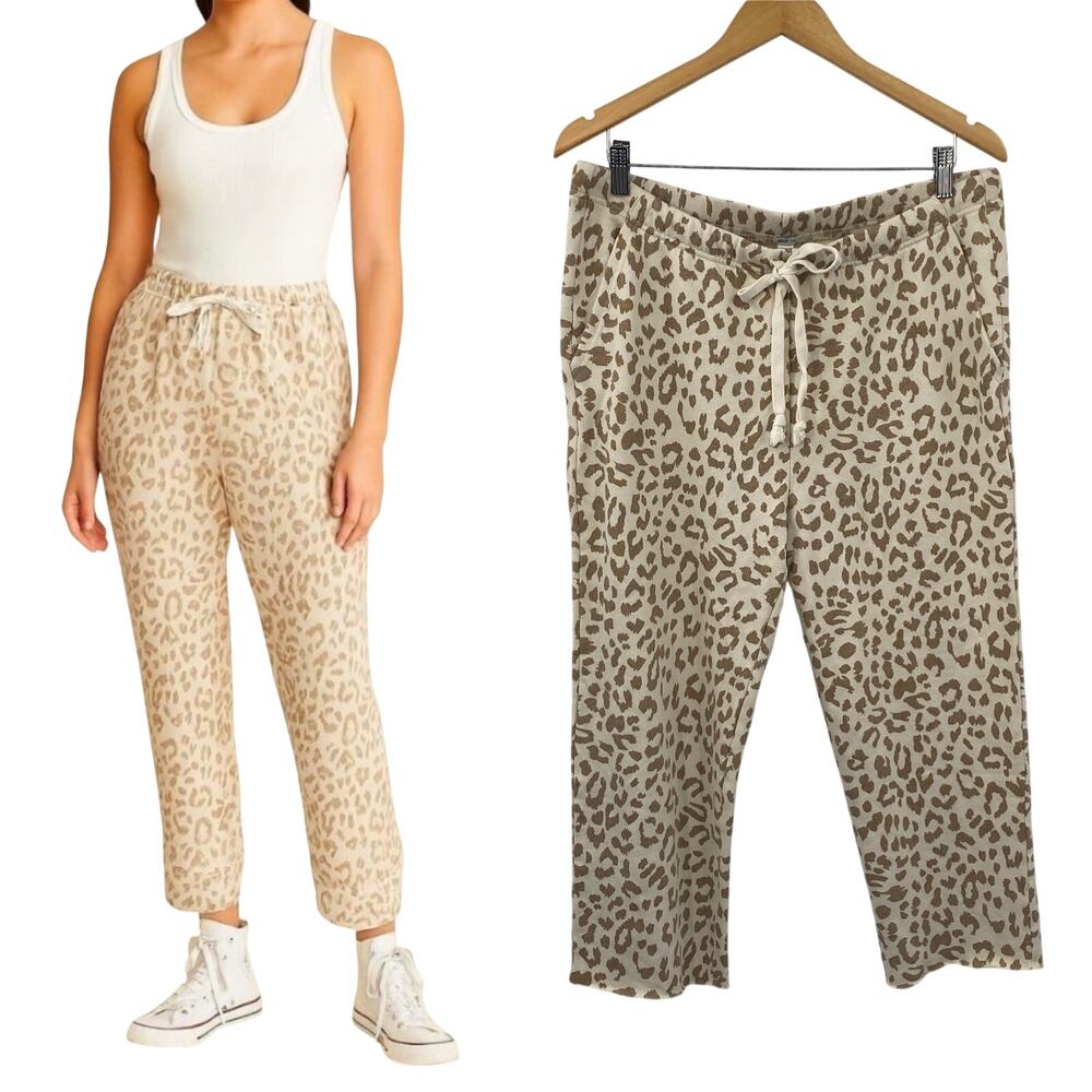 Aerie Cropped Lounge Pants Leopard Print High Rise Tie Waist Cotton Blend NEW L
